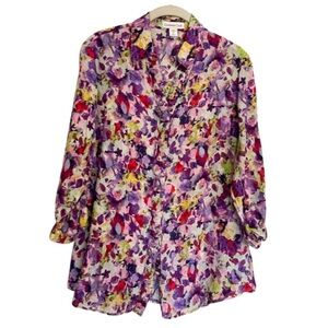 Coldwater Creek Top Women M Multicolor Floral Button Up Shirt Cotton Silk Collar